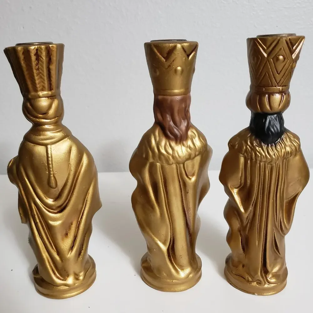 Vintage Papier Mache Three King Candle Holder Antique Gold Finish Nativity Decor